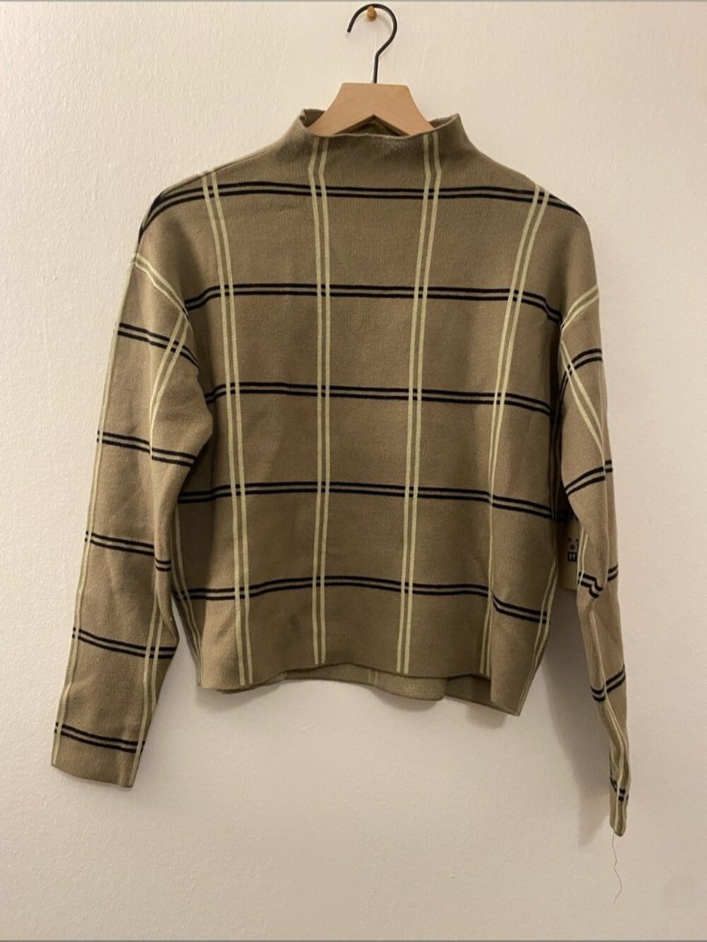 Olive Plaid Turtleneck Sweater with Cream & Black Windowpane